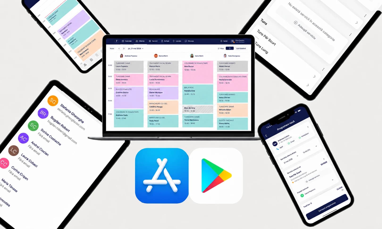 Prezentare a aplicației Volera pentru afaceri cu previzualizări App Store și Google Play